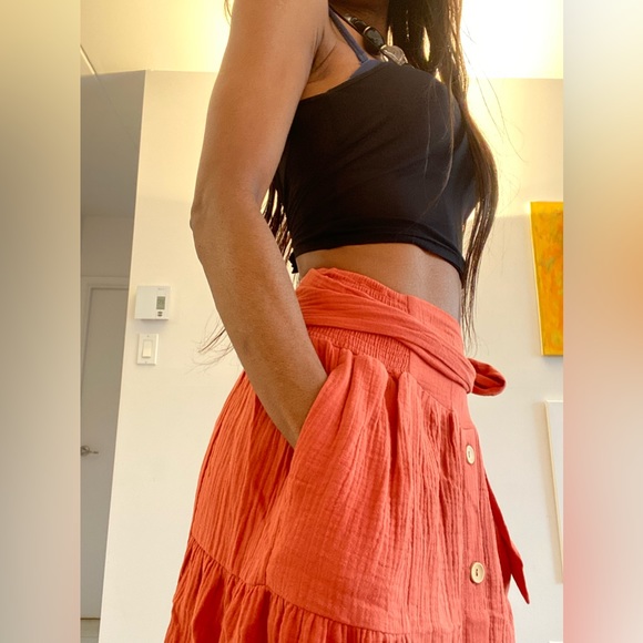 NWT High waist Button Down Cotton Maxi Skirt with Sash waist tie in Rust - Picture 5 of 8